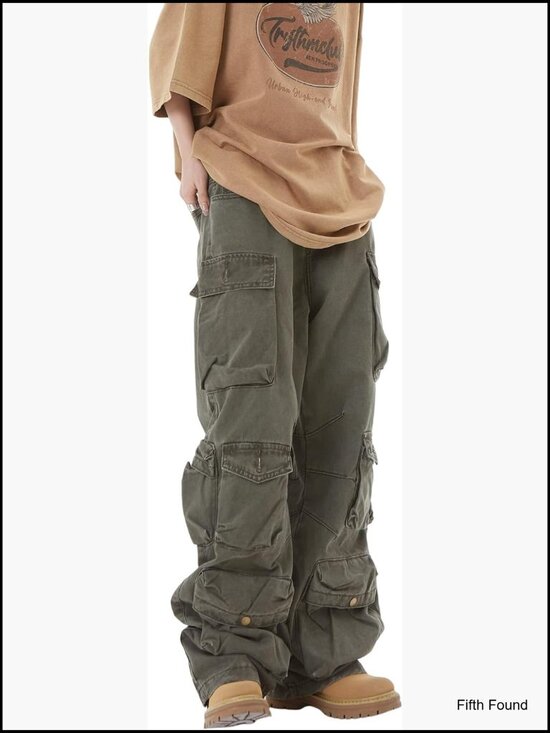 Pants - Wide Leg Cargo Pants Relaxed Fit Cotton Blend Multi-Pocket Streetwear